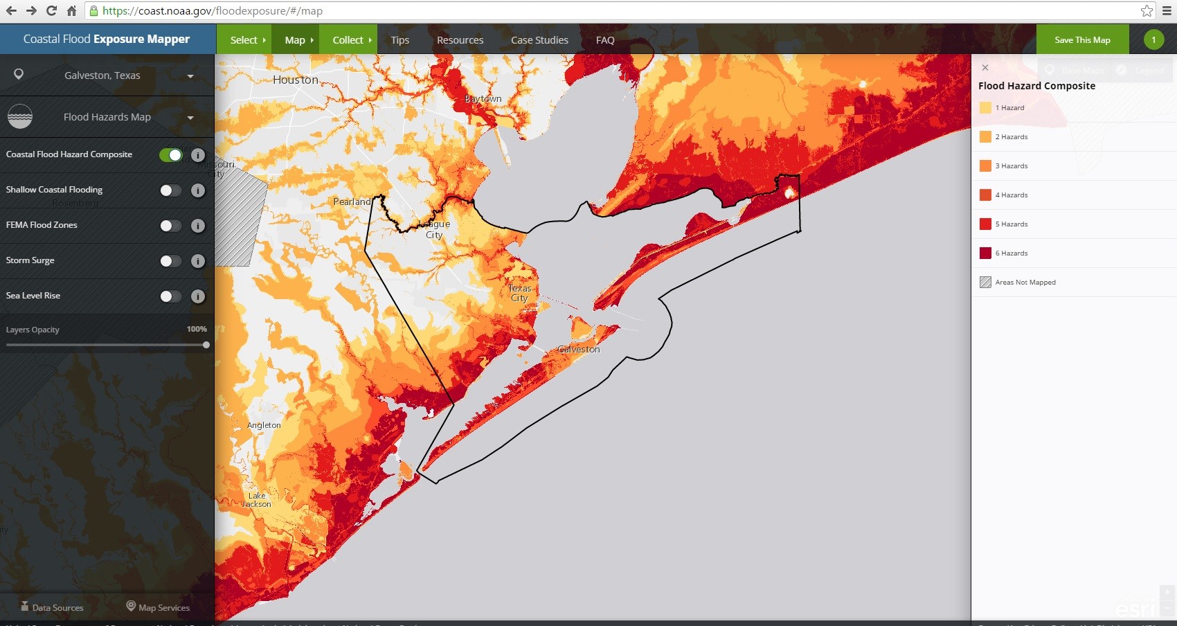 Shades of color from white to red indicate coastal flood hazard in Galveston County, Texas