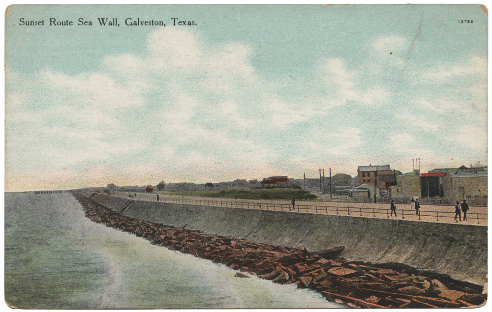 1990 postcard showing Galveston Island Seawall