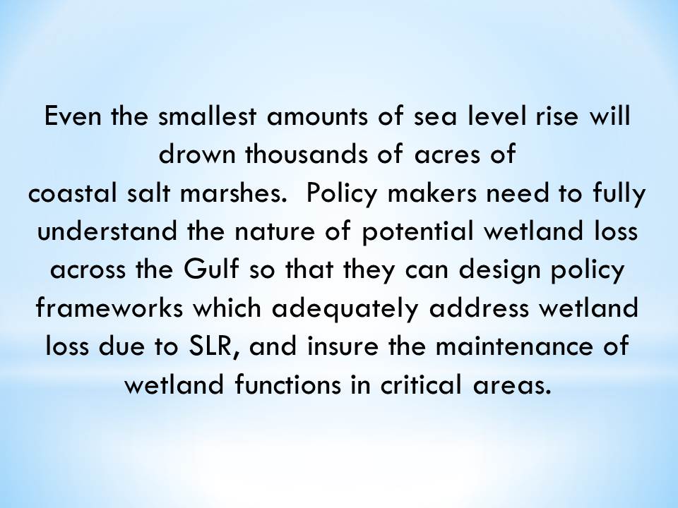 Even the smallest amounts of sea level rise will drown thousands of acres of coastal salt marshes.  Policy makers need to fully understand the nature of potential wetland loss across the Gulf so that they can design policy frameworks which adequately address wetland loss due to SLR, and insure the maintenance of wetland functions in critical areas.