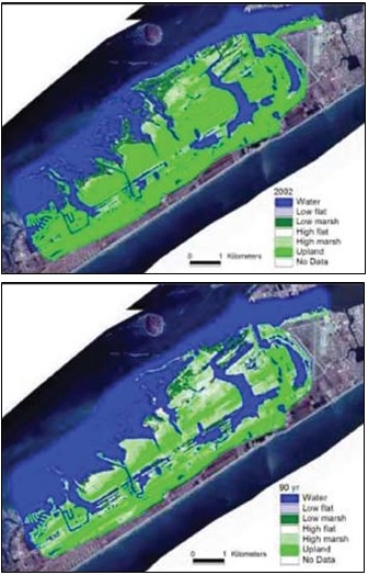map of galveston island wetlands based on sea level rise, depicting current locations and projected 90 years in to future